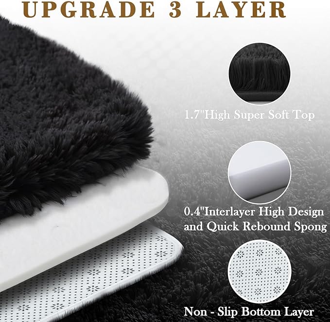 Small Area Rugs 2x3 Feet, Black Rug for Bedroom Dorm, Modern Shag Bedroom Mat, Small Carpet, Fluffy Bedside Rug for Girls Dorm Room Home Decor(2 x 3, Black)