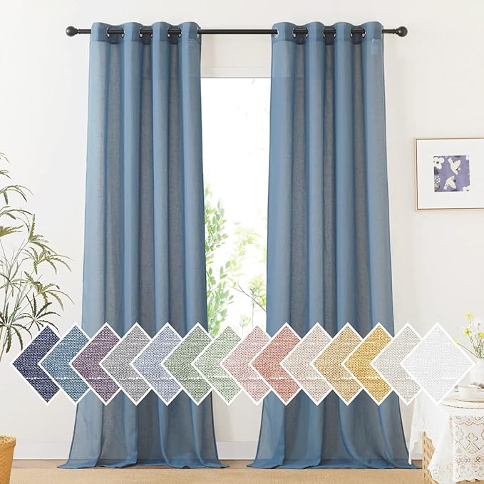 NICETOWN Flax Linen Sheer Curtains for Living Room, (Stone Blue) Grommet Vertical Drapes Semi Sheer Linen Curtains Privacy with Light Filtering for Bedroom/Farmhouse, W52 x L96, 1 Pair