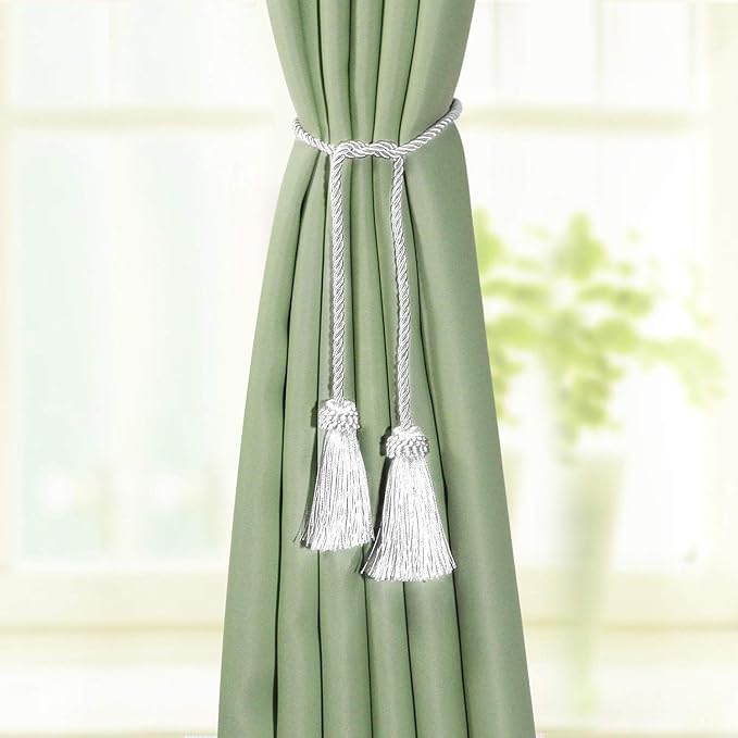 Fenghuangwu Curtain Tiebacks Handmade Decorative Curtain Holdbacks Rope with Tassel (White, 4P)