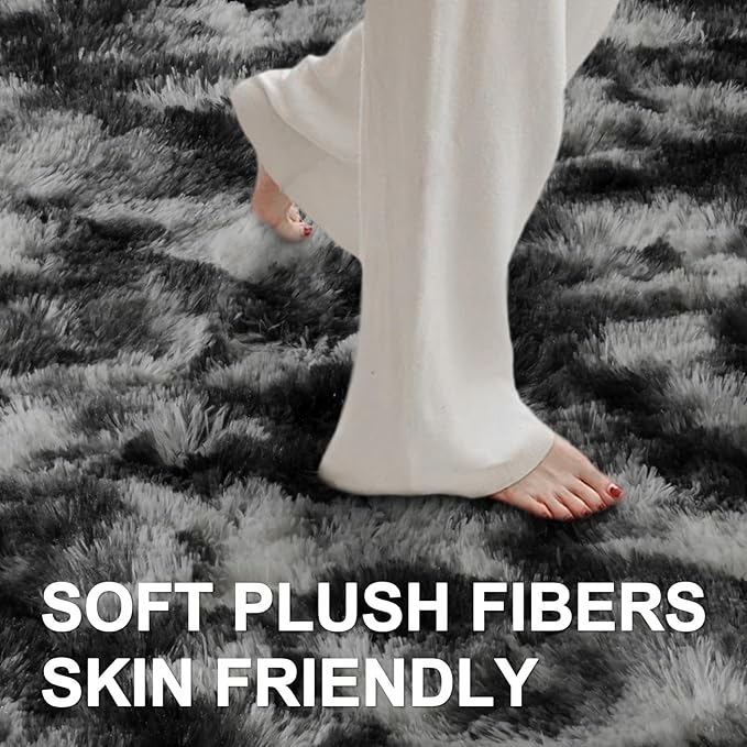 5x7 Ft Large Shag Rugs for Bedroom Living Room Decor for Men Boys, Tie Dyed Ultra Soft Fluffy Furry Area Rug for Indoor Floor, Aesthetic Carpet for Home Decor (Black Grey)