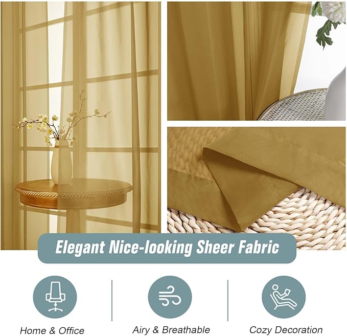 Gold Sheer Curtains for Window 96 Inches Long 2 Panels Set, Soft Airy Light Filtering Voile Sheer Curtains for Living Room Bedroom, Dual Rod Pocket Elegant Window Drapes, 2x42Wx96L Inches