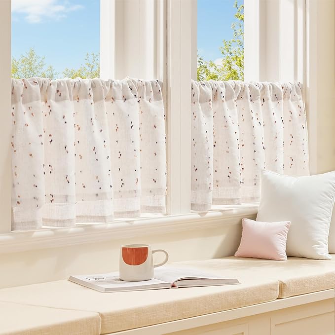 jinchan Kitchen Valance Curtain for Windows 16 Inch Mini Pom-Pom Double Layer Valance Linen Blend Country Window Treatment for Bedroom Living Room Light Filtering Rod Pocket 1 Panel Amber Bloom