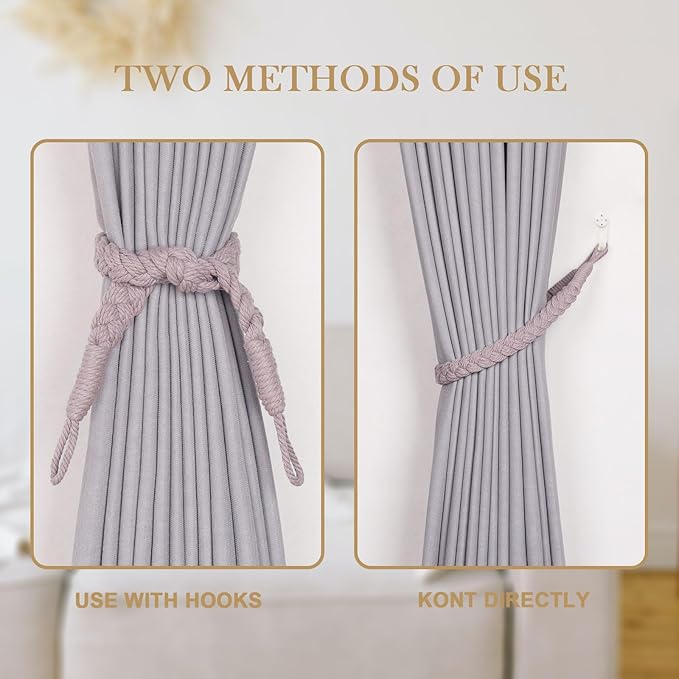 NICEEC 4 Pack Natural Cotton Rope Curtain Tiebacks Elegant Boho Style Decorative Drape Tie Backs Soft Hand-Woven Rope Curtain Holdbacks with Metal Hook for Home & Office Drapery (Grayish Purple)