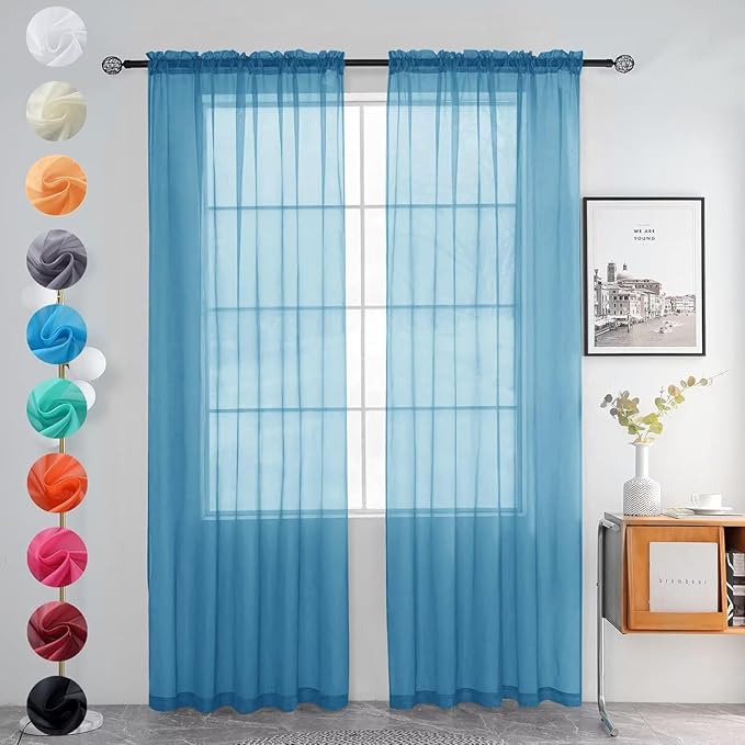 youleyar Solid Sheer Rod Pocket Curtain Voile Draperies 2 Panels White Beige Black Grey Ivory 52 Inch Width 90 Inch Long 1 Pair for Kitchen Bedroom Children Living Room Yard (Blue,52Wｘ90L)