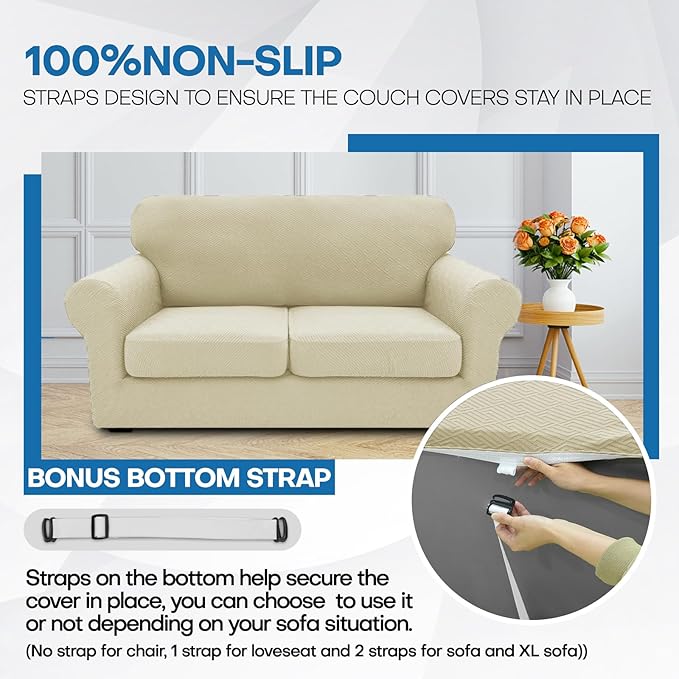 XINEAGE New 4 Pieces Couch Covers for 3 Cushion Couch Super Stretch Thick Soft Sofa Cover Anti Slip Sofa Slipcover Dogs Cats Furniture Protector (Light Beige, 71"-91")