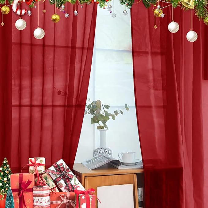 youleyar Solid Sheer Rod Pocket Curtain Voile Draperies 4 Panels White Beige Black Grey Ivory 52 Inch Width 63 Inch Long 1 Pair for Kitchen Bedroom Children Living Room Yard(Christmas Red,52 Wｘ63 L)
