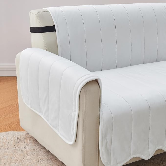 Great Bay Home Velvet Chair Cover - Washable Slipcover Furniture Protector with Elastic Straps - Furniture Cover for Dogs, Kids, and Pets - Stitched Detail (White)