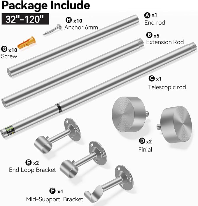 YaFex Heavy Duty Curtain Rods 32-120 Inch, 1 Inch Adjustable Silver Curtain Rod for Windows, Long Window Treatment Rods with Aluminium Finials, Easy Installation