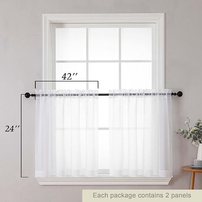 Kitchen Curtains 24 Inch Length Tier 2 Pieces, White Sheer Curtain Solid Soft Sheer Short Curtains for Windows, Cafe Bathroom Basement Rod Pocket Drapes, White, Each 42" Wx24 L Inches