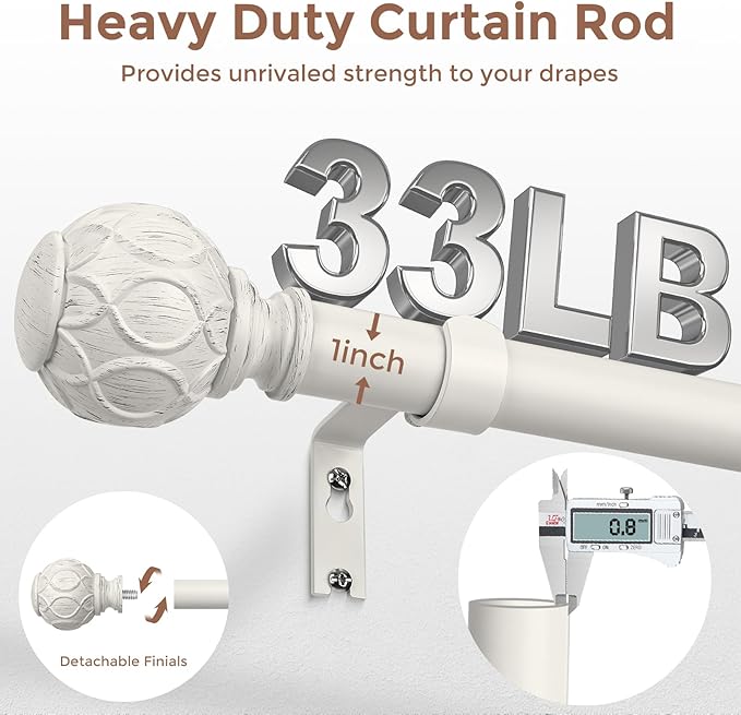 Antique White Curtain Rods for Windows 30 to 56 Inch, Adjustable Vintage Decorative 1 Inch Heavy Duty Curtain Rod, Rustic Farmhouse Drapery Pole Set with Boho Netted Texture Flower Finials