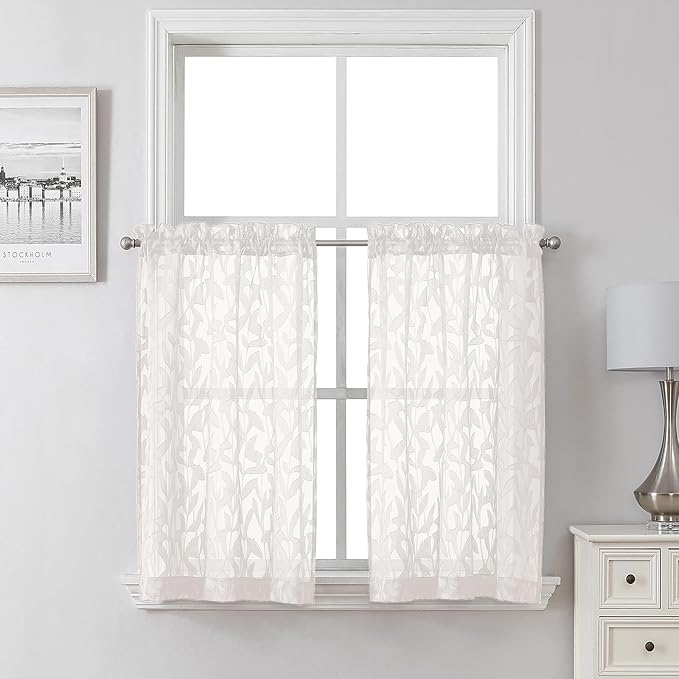 Lecloud Leia Sheer Ivory Kitchen Curtains 36 Inch Length 2 Pcs, Jacquard Leaf Textured Voile Short Curtain Tiers, Farmhouse Small Curtain for Bedroom Bathroom with Dual Rod Pocket, 28" W x 36" L