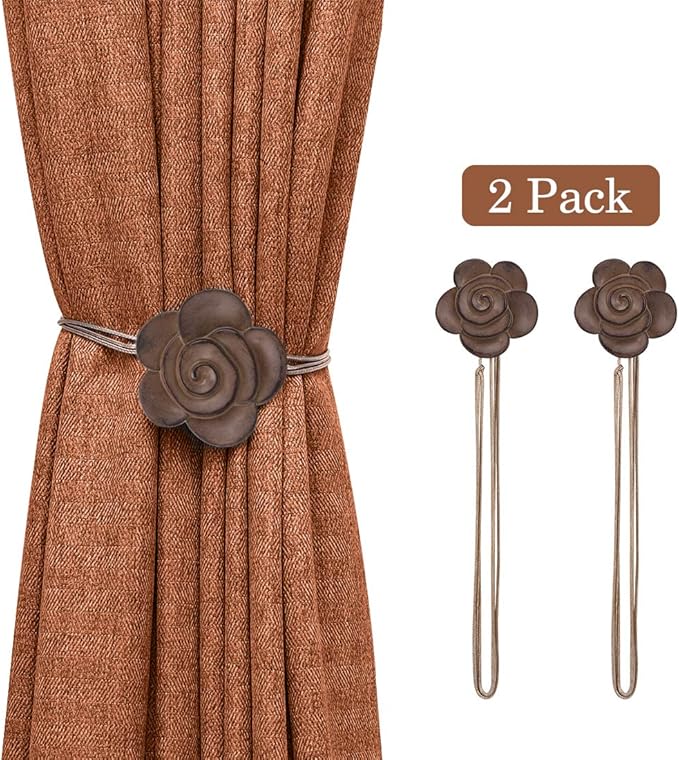 Lewondr Magnetic Curtain Tieback, Vintage Curtain Holdback, Resin Flower Curtain Ties with Rope Drapery Retro Window Curtain Decorative Buckle Holder for Outdoor, Home, and Cafe Balcony, Light Coffee