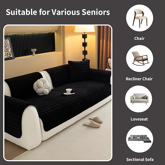 Velvet Couch Cover, Plush Sectional Sofa Cover Washable, Anti Slip Sofa Slipcover for Armrest & Backrest, Furniture Protector Covers for Pets & Kids(1PC, Black, 35.4"×35.4", Single Seater)