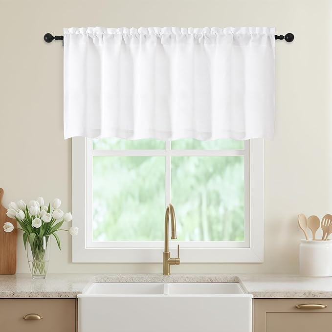 White Valances for Windows, Light Filtering Faux Linen Textured Small Short Window Curtain for Bathroom Basement Farmhouse, Rod Pocket Top Half Curtains for Windows, 60Wx22L Inch