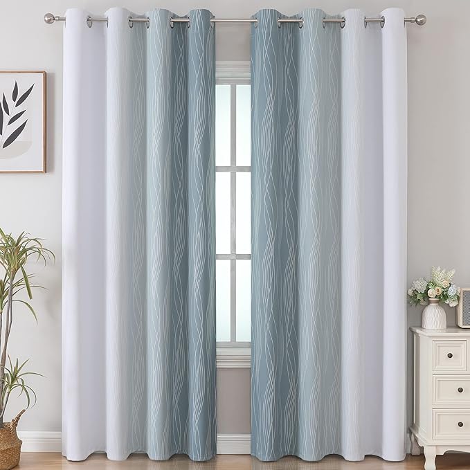 Estelar Textiler Stone Blue and Greyish White Blackout Curtains 84 Inches Long,Full Room Darkening Grommet Curtains for Bedroom,Thermal Insulated Ombre Blackout Drapes for Living Room,52Wx84L,2 Panels