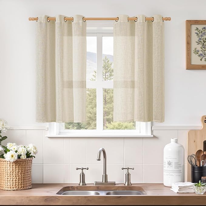 LAMIT Short Linen Curtains 40 Inch Length for Kitchen, Semi Sheer Light Filtering Window Curtains Farmhouse Boho Bronze Grommet Panels for Cafe/RV Camper, Linen, 2 Panels, 34 x 40 Inch
