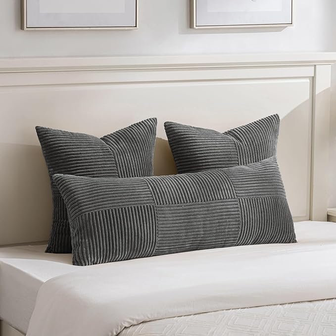 Fancy Homi 2 Packs Dark Gray Decorative Throw Pillow Covers 22x22 Inch for Living Room Couch Bed Sofa, Rustic Farmhouse Boho Home Decor, Soft Corss Corduroy Patchwork Accent Cushion Case 55x55 cm