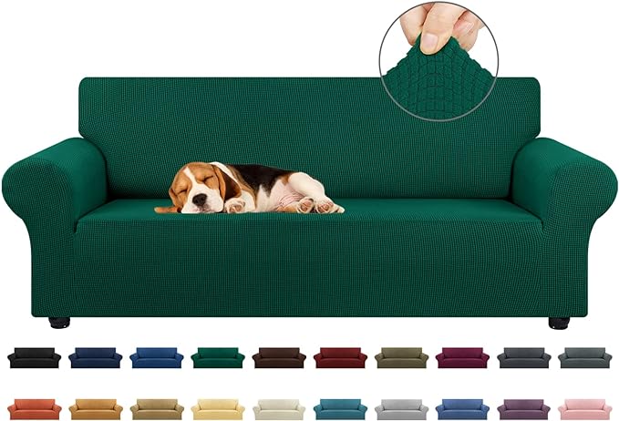 KEKUOU Stretch Sofa Cover Slipcover ，Couch Covers for 3 Cushion Couch Sofa pet Friendly (78"-94") Furniture Protector Sofa with Elastic Bottom for Kids,Dog, Jacquard Small Checked(Large,Hunter)
