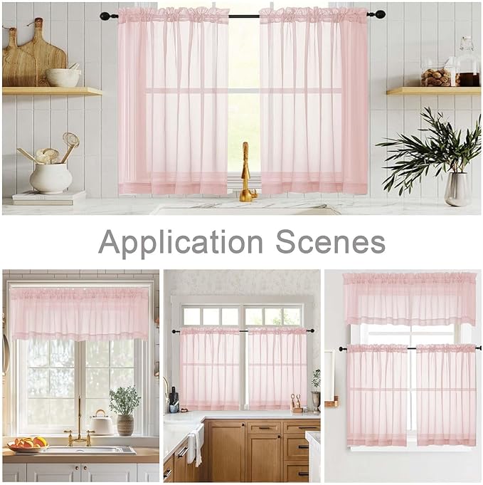 Cafe Curtains 36 Inch Length Tier 2 Pieces, Modern Soft Airy Sheer Kitchen Short Curtains for Small Window, Rod Pocket Small Curtain for Bathroom Basement, Blush, Each, 42" Wx36 L Inches