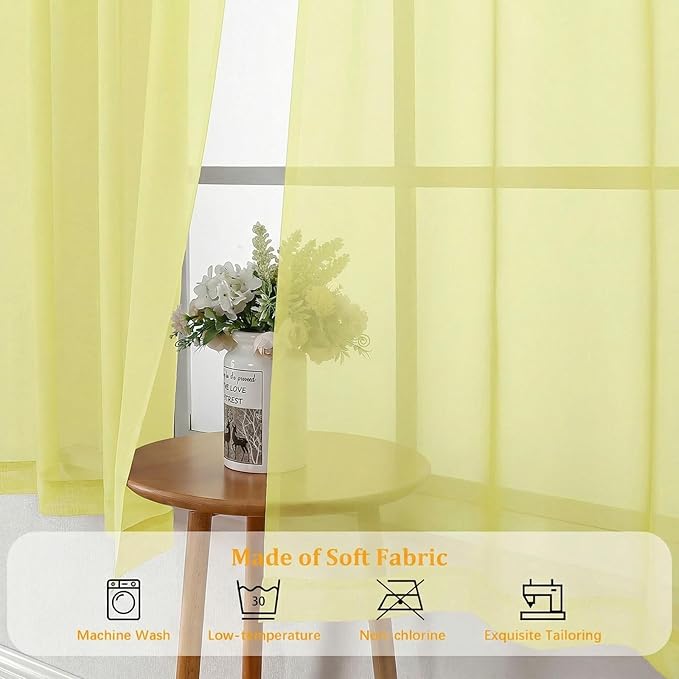 Gwine Sheer Curtains 72 Inch Length - Light Filtering Rod Pocket Window Curtain Panels for Bedroom, Elegant Soft Voile Living Room Sheer Drapes, Each 42Wx72L, 2 Panels, Lemon