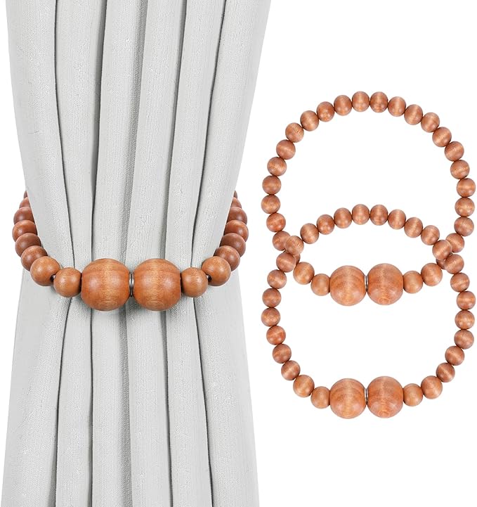 Magnetic Curtain Tiebacks, 2 Pack Curtain Holdbacks for Draperies, Wood Bead Curtain Tiebacks, Curtain Tie Backs for Bedroom Decor, Boho Room Decor, Nursery Decor, Farmhouse Decor, Office Decor