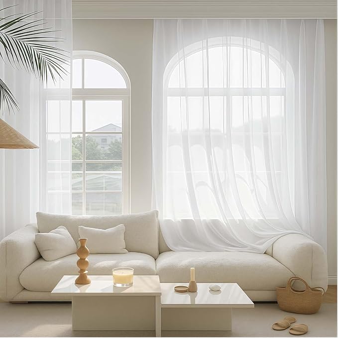 White Sheer Curtains for Bedroom Living Room 96 Inches Long 2 Panels, Modern Airy Soft Lightweight Rod Pocket Light Filtering Sheer Curtains Drapes, White, Each 59" Wx96 L Inch