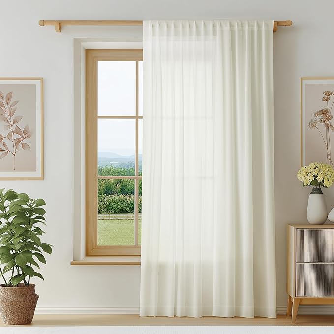 FMFUNCTEX Sheer Non-See-Through Netural Beige Curtains for Bedroom, Sliding Door Curtains 96 Inches Long Window Curtain Drapes for Living Room, Patio Glass Door Extra Wide Curtain, Rod Pocket 1 Panel