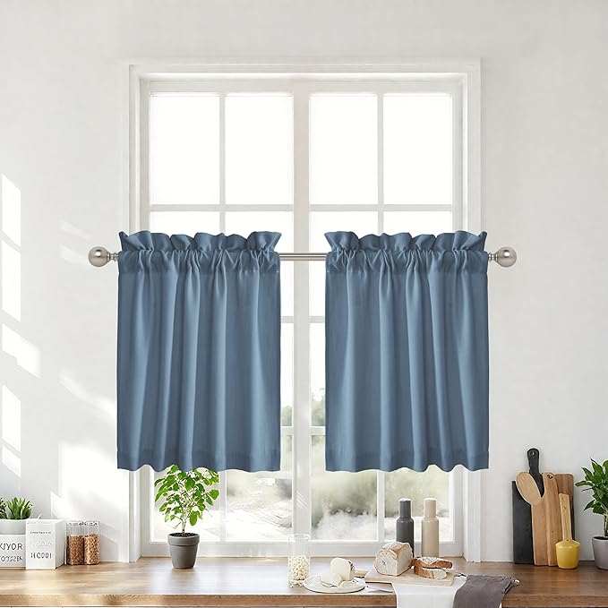 RYB HOME Short Kitchen Valances and Curtain Set, Thick Faux Linen Blended Topper Privacy Protect Short Cafe Curtains for Bathroom, 2 Panels, Rod Pocket, Stone Blue, W 26 x L 24 inch