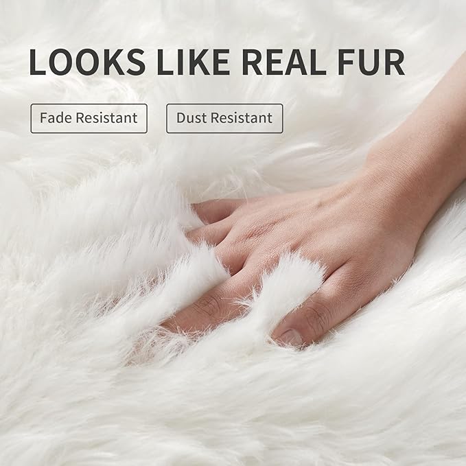 White Fluffy Rug for Bedroom, 2'X6' Faux Fur Rug for Runner, Soft Shag Rug for Sofa Couch Cushion, Cozy Shaggy Fuzzy Plush Floor Carpet for Nursery, Cute Bedside Dorm Home Decor Rectangle