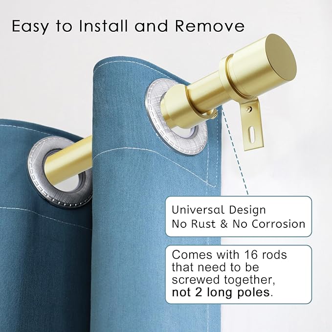 Byondeth Curtain Rods for Windows 16 to 240 Inches Adjustable Length 1 Inch Diameter Window Curtain Rod with Aluminium Finials, Warm Gold
