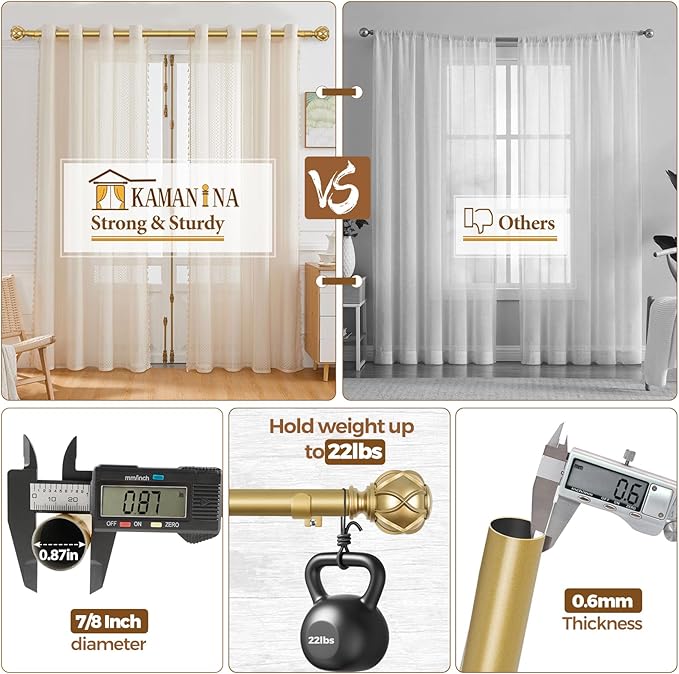 KAMANINA Gold Curtain Rod 72 to 144 Inch (6-12 Feet), Telescoping Single Drapery Rods, 7/8 Inch Heavy Duty Curtain Rods for Windows 66 to 144 Inches, Netted Texture Finials