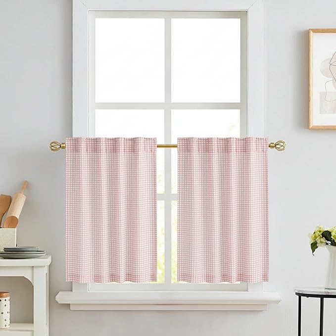 RYB HOME Kithen Curtains Rustic Plaid Cafe Valance, Classic Short Checkered Drapes 36 inch Length Small Window Treatment for Living Room Bathroom Bistro Farmhouse, Pink, W26 x L36, 2 Panels