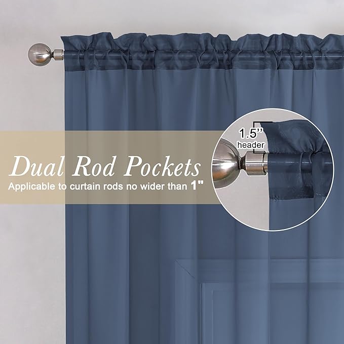 Lecloud Navy Blue Sheer Curtains 72 Inches Long 2 Panels, Light Filtering Window Curtain Drapes for Living Room, Breathable Rod Pocket Window Treatments for Bedroom, Each 40" W x 72" L
