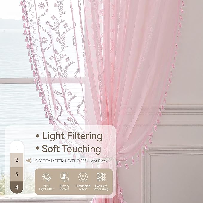 WAZZIO Boho Lace Curtains 63 Inch 2 Panels -Sheer Panel Drape Floral Pattern & Tassel Light Filtering Privacy for Bedroom Dining Living Room,Princess Pink Girl Bedroom Decor,Pale Pink,W52 x 63L