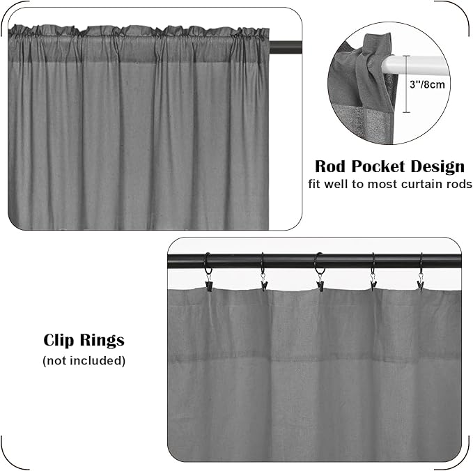 Boho Kitchen Curtains 36 Inch Length, Farmhouse Cotton Linen Tier Curtains, Rustic Button Short Curtains for Windows, Grey Country Cafe Curtains, Rod Pocket Small Window Curtains for Kitchen, 26x36