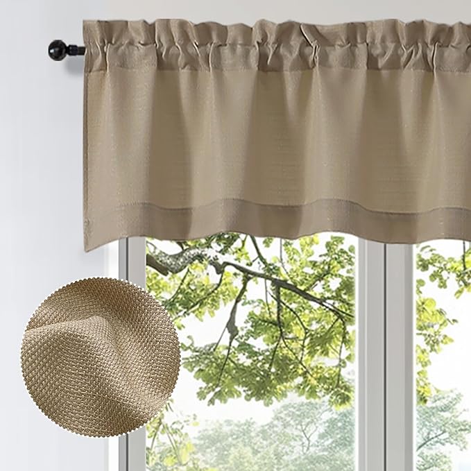 OWENIE Bob Valance Curtains 18 Inch Length 1 Piece, Faux Linen Slub Solid Camel Kitchen Valance for Bedroom Living Room, Farmhouse Soft Airy Rod Pocket Small Window Curtain, Each 60Wx18L Inch