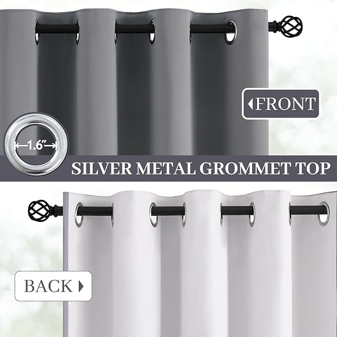 Yakamok Grey Room Darkening 100% Blackout Curtains Grommet Window Treatments with 2 Thick Layers-Gray Thermal Insulated Drapes Set of 2 Panels for Bedroom Living Room 52 Inches by 72 Inches Length