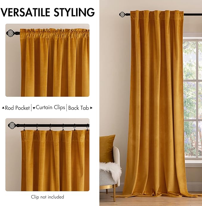MIULEE Velvet Curtains 90 inches 2 Panels - Luxury Blackout Curtains for Bedroom Living Room Thermal Insulated Fall Decor Super Soft Elegant Window Drapes Rod Pocket & Back Tab, Mustard Yellow