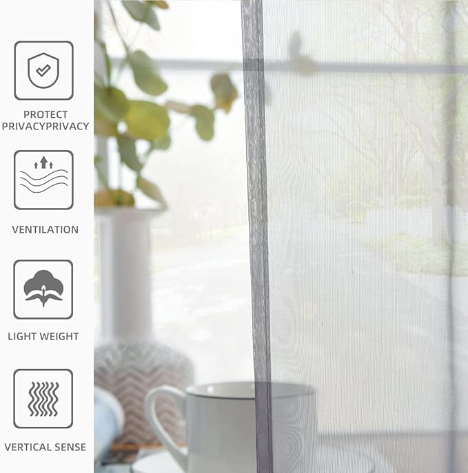 youleyar Solid Sheer Rod Pocket Curtain Voile Draperies 2 Panels White Beige Black Grey Coffee 52 Inch Width 54 Inch Long 1 Pair for Kitchen Bedroom Children Living Room Yard(Grey,52Wｘ54L)