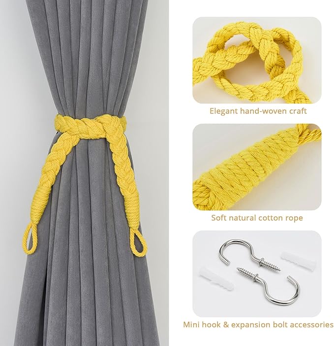 NICEEC 4 Pack Natural Cotton Rope Curtain Tiebacks Elegant Boho Style Decorative Drape Tie Backs Soft Hand-Woven Rope Curtain Holdbacks with Metal Hook for Home & Office Drapery (Yellow)