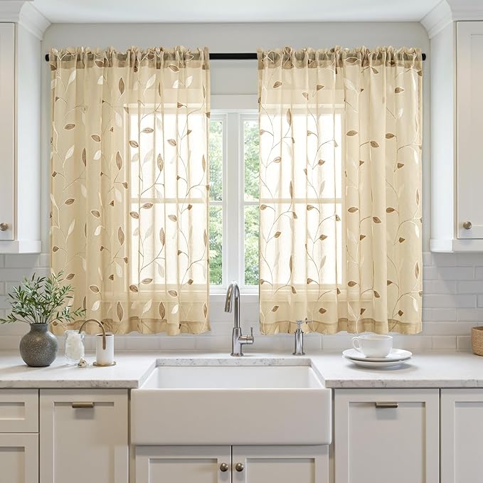 MIULEE Beige Sheer Curtains 2 Panels Embroidered Leaf Patterned Rod Pocket Floral Semi Sheer Faux Linen Short Window Curtains Drapes Set for Kitchen Living Room Bedroom, 52x54 Inches Length