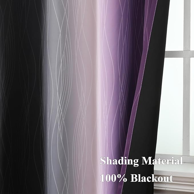 Estelar Textiler Black and Purple Ombre Blackout Curtains 90 Inches Long 2 Panels Set, Thermal Insulated Gradient Drapes for Bedroom, Energy Saving Grommet Curtains for Living Room,52Wx90L