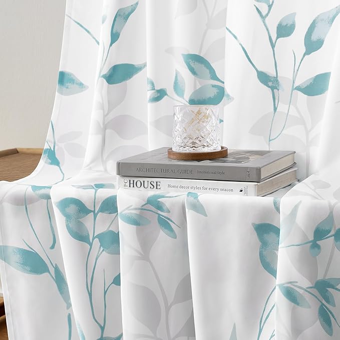 HOMEIDEAS Non-See-Through Teal and White Privacy Sheer Curtains 52 X 63 Inch Length 2 Panels, Leaf Floral Printed Light Filtering Semi Sheer Window Curtains Drapes for Bedroom Living Room