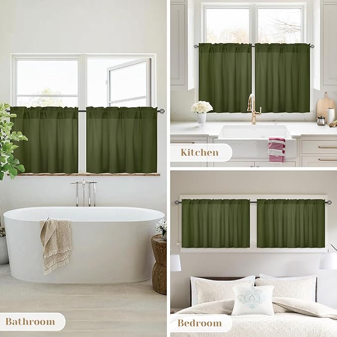 HOMEIDEAS Non-See-Through Olive Green Privacy Sheer Kitchen Curtains, 30 X 36 Inches Long 2 Panels Sheer Curtains Light Filtering Window Drapes for Bedroom Living Room