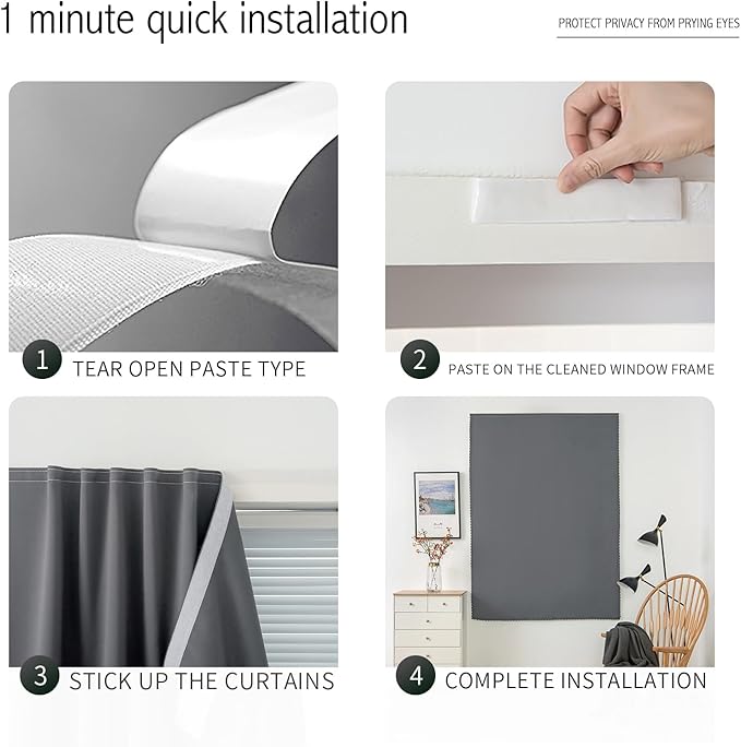 Magic Tape Stick On Curtains Window Shades Pull Down Blackout Window Cover Blackout Curtains for Bedroom No Drillng Self Adhesive Curtains No Rod Small Curtain, 59" W X 84" L, Grey, 1 Panel