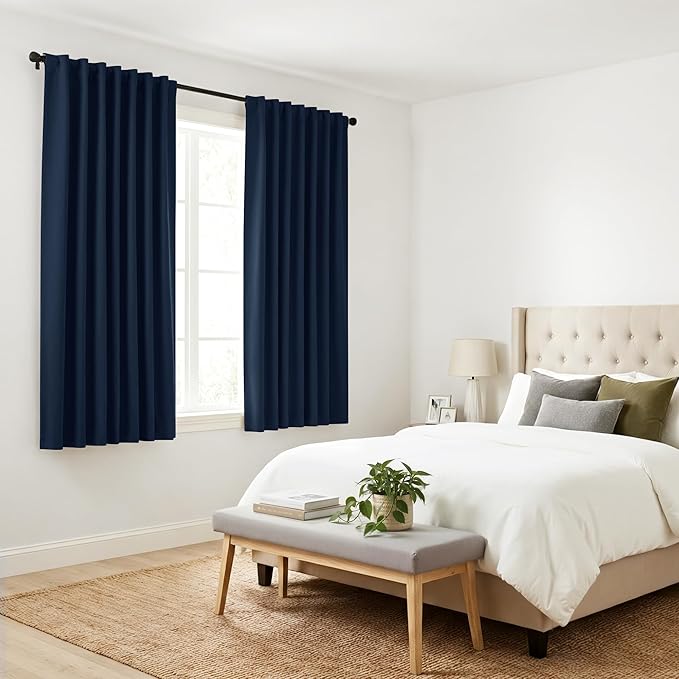 PONY DANCE Small Window Curtains - 36 inch Length Short Kitchen Curtain Tiers Rod Pocket Blackout Panels for Basement/Bedroom, W 42" x L 36", Navy Blue, 2 Pieces