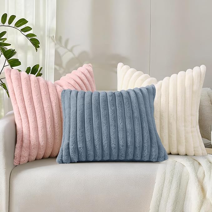 decorUhome Cozy Faux Fur Throw Pillow Covers 20x20 Set of 2 Decorative Soft Plush Striped Modern Farmhouse Boho Couch Pillow Cases with Velvet Back for Sofa Bed Living Room, Grey Blue