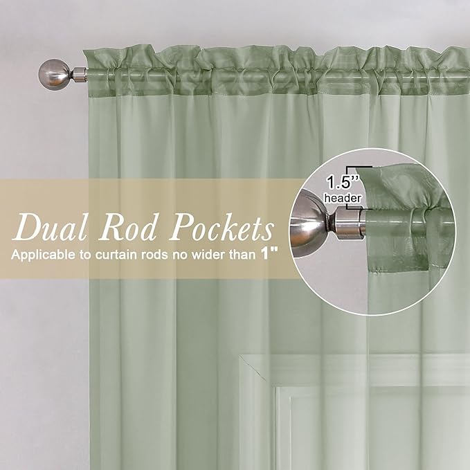 Lecloud Sage Green Sheer Curtains 90 Inches Long 2 Pcs, Modern Solid Voile Light Filtering Drapes, Airy Privacy Window Curtains with Rod Pocket for Dining Room/Bedroom/Living Room, Each 42" W x 90" L