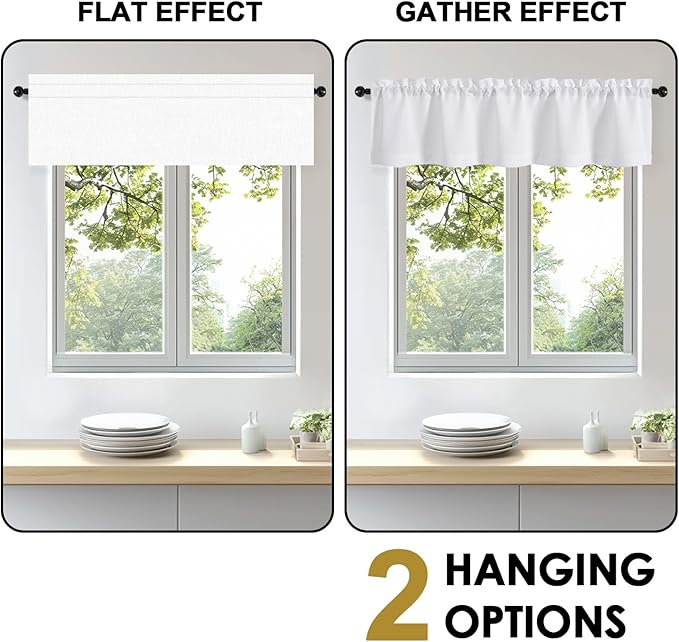 OWENIE Bob 1 PCS White Valances for Windows, Faux Linen Textured Kitchen Window Curtains Valance for Bedroom Living Room, Modern Soft Airy Solid Rod Pocket Bathroom Cafe Curtain, 60Wx22L Inch