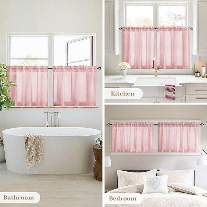 HOMEIDEAS Non-See-Through Light Pink Privacy Sheer Curtains, 30 X 24 Inches Long 2 Panels Sheer Curtains Light Filtering Window Drapes for Bedroom Living Room